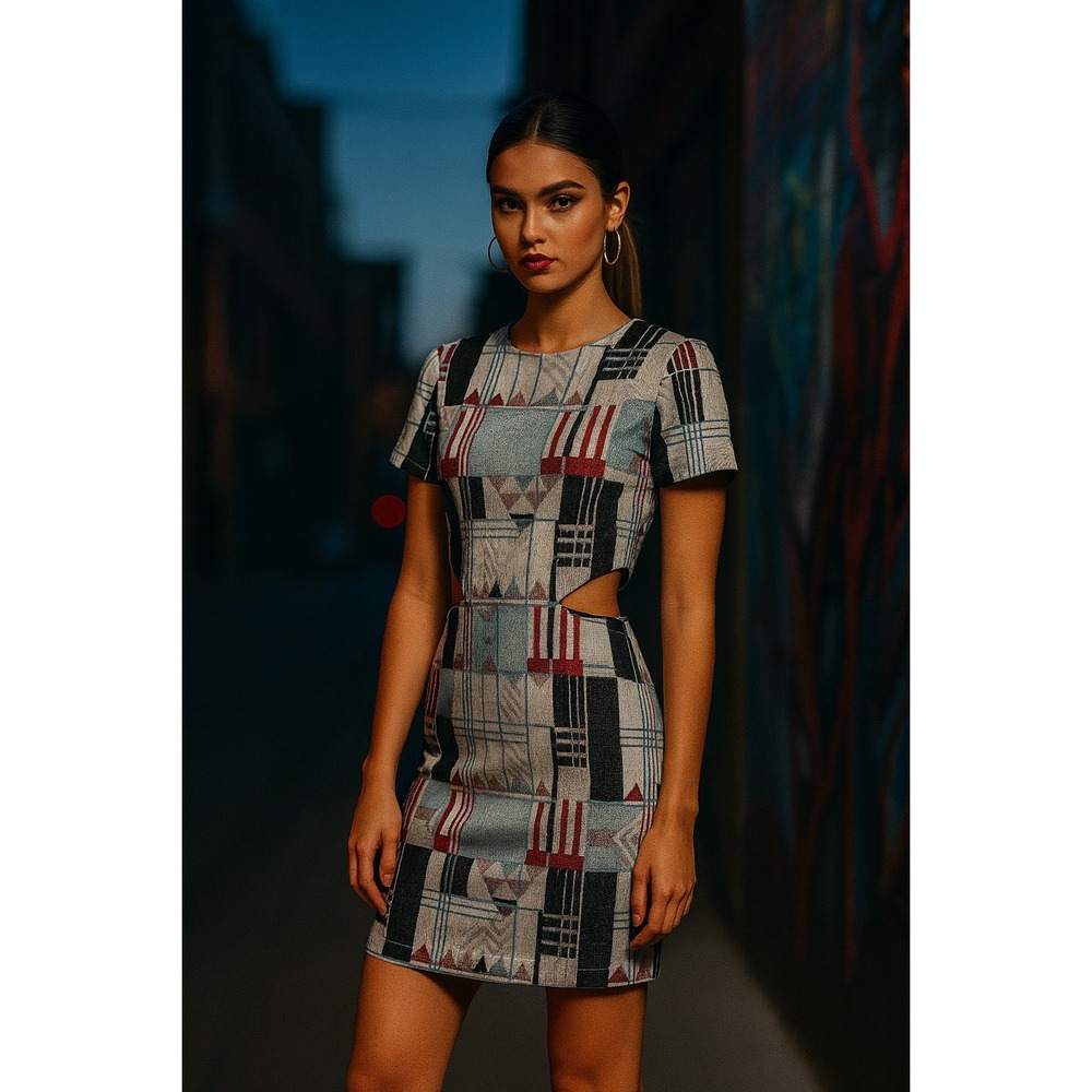 SUNO Womens Dress Size 2 Geometric Mini Short Sleeve Cut Out Retro